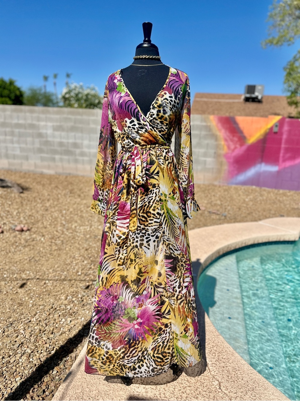 Animal Tropical Print Belted Maxi Dress NWT M